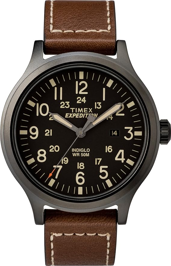 timex with a black face and brown strap