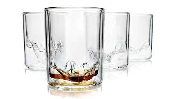 set of four whiskey glasses with tophographic image of zion national park landmarks