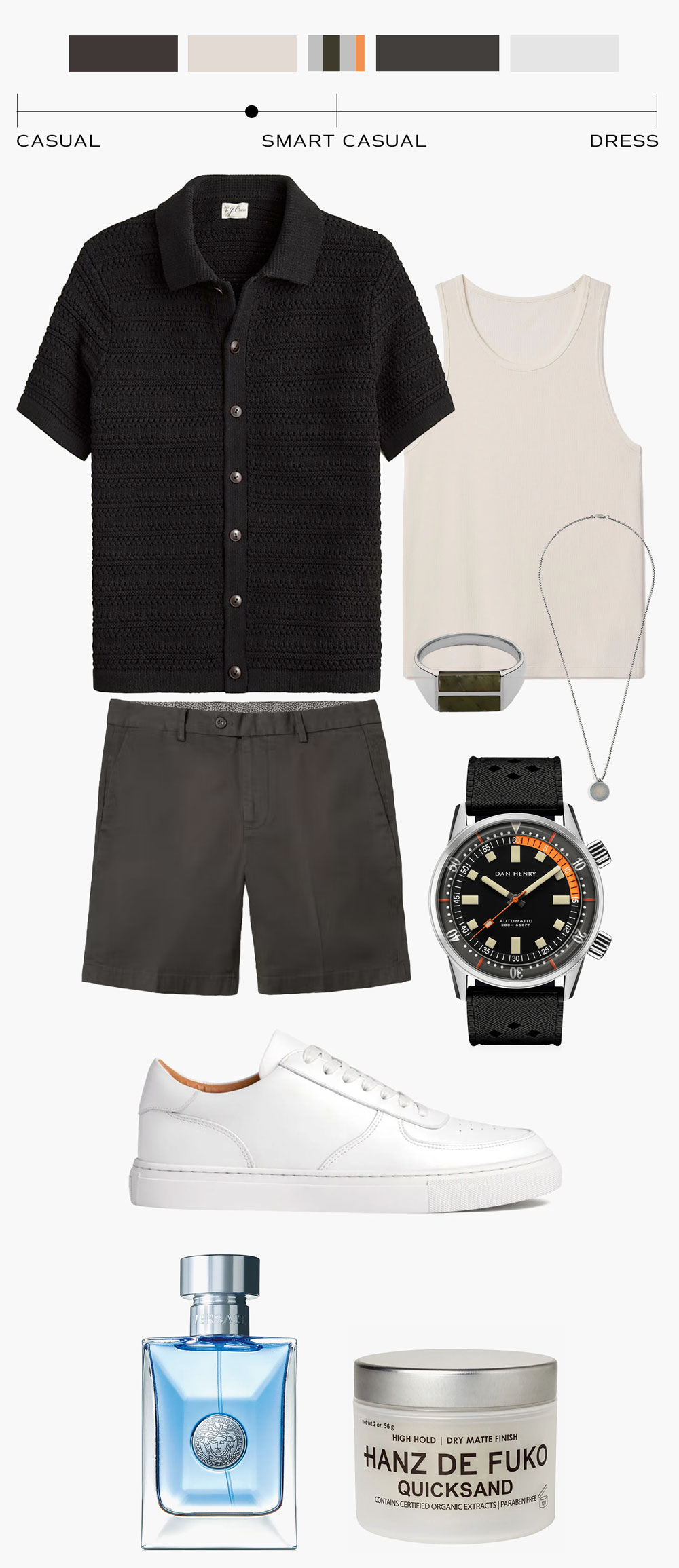 A men's smart casual outfit layout featuring a black short-sleeve knit polo shirt, an off-white tank top, dark gray shorts, white low-top sneakers, a silver bracelet with a dark green detail, a silver pendant necklace, a black strap watch with an orange and white accented dial, a blue glass bottle of Versace cologne, and a jar of Hanz De Fuko Quicksand hair product. The top of the image includes a color palette and a casual-to-dressy scale, with a mark indicating the outfit's smart casual classification.