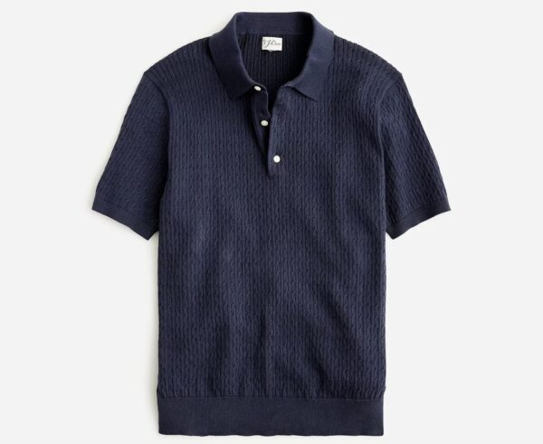 a cable knit polo sweater with short sleeves
