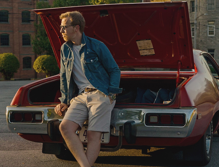 an outfit with denim jacket and white tshirt with chino shorts