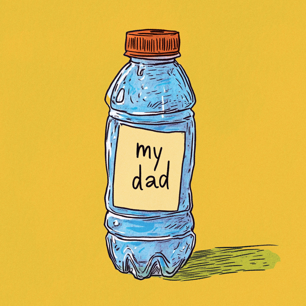 drawing of a gatorade bottle with a post it that says "my dad"