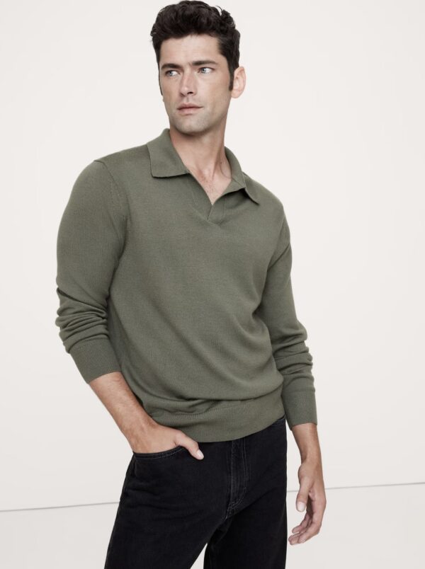 man wearing an Italian Merino wool sweater polo shirt and pants
