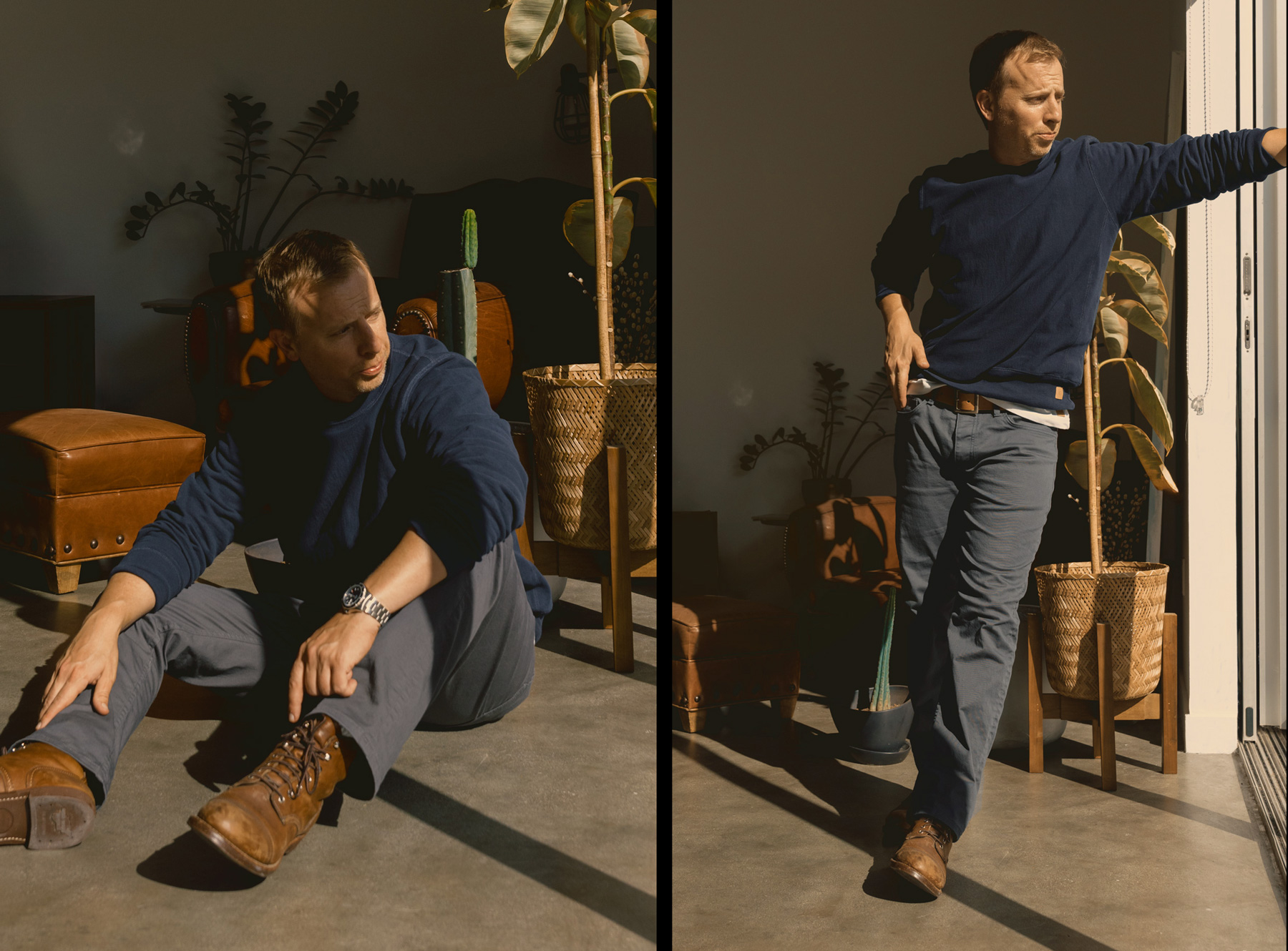 two photos of andrew wearing a navy sweatshirt, gray twill pants and brown leather boots