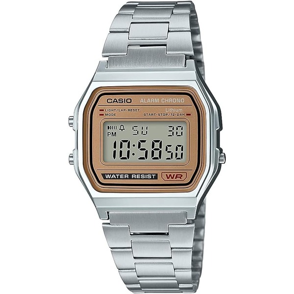 a digital vintage casio brand watch with silver metal bracelet