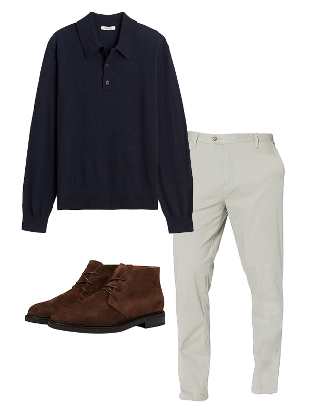fall outfit collage with navy sweater polo tan chinos, and chocolate suede chukka boots