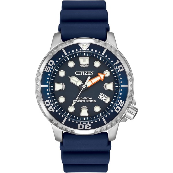 a citizen brand diver watch with blue strap and silver dial