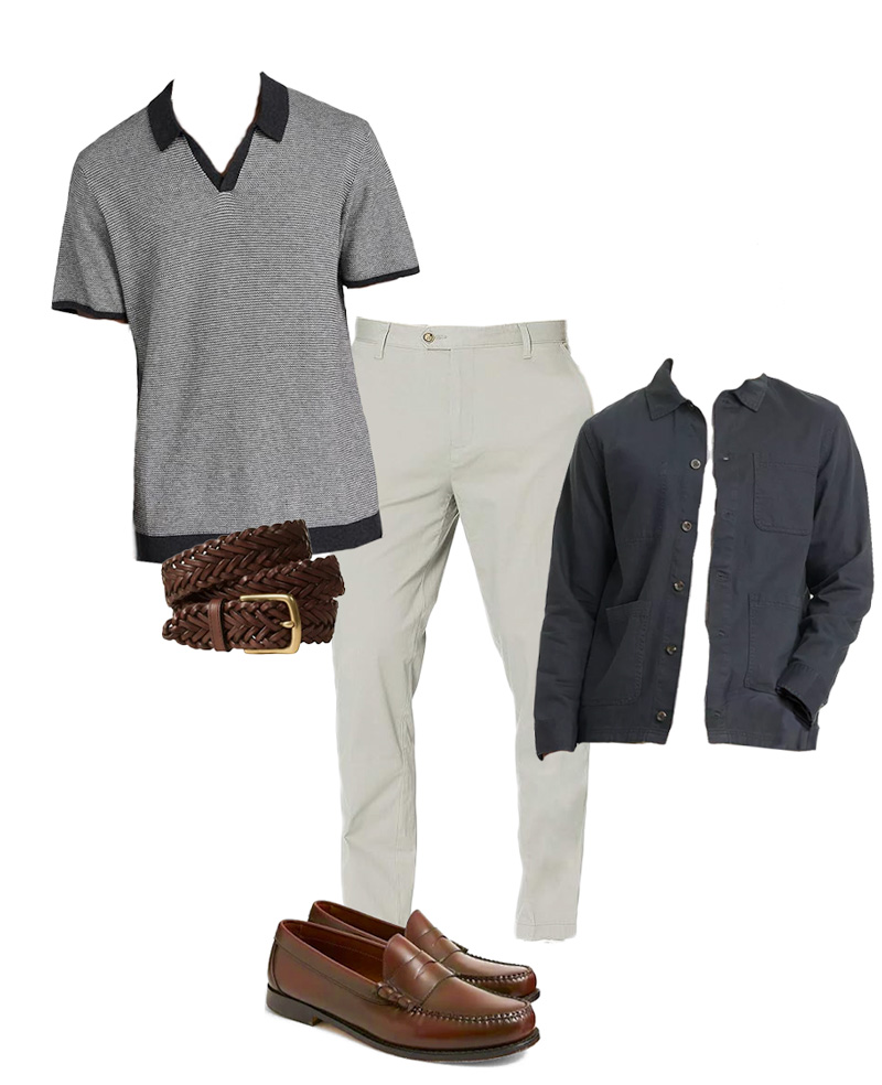 men's fall outfit collage with sweater polo, chore coat, chinos, woven belt, and penny loafers