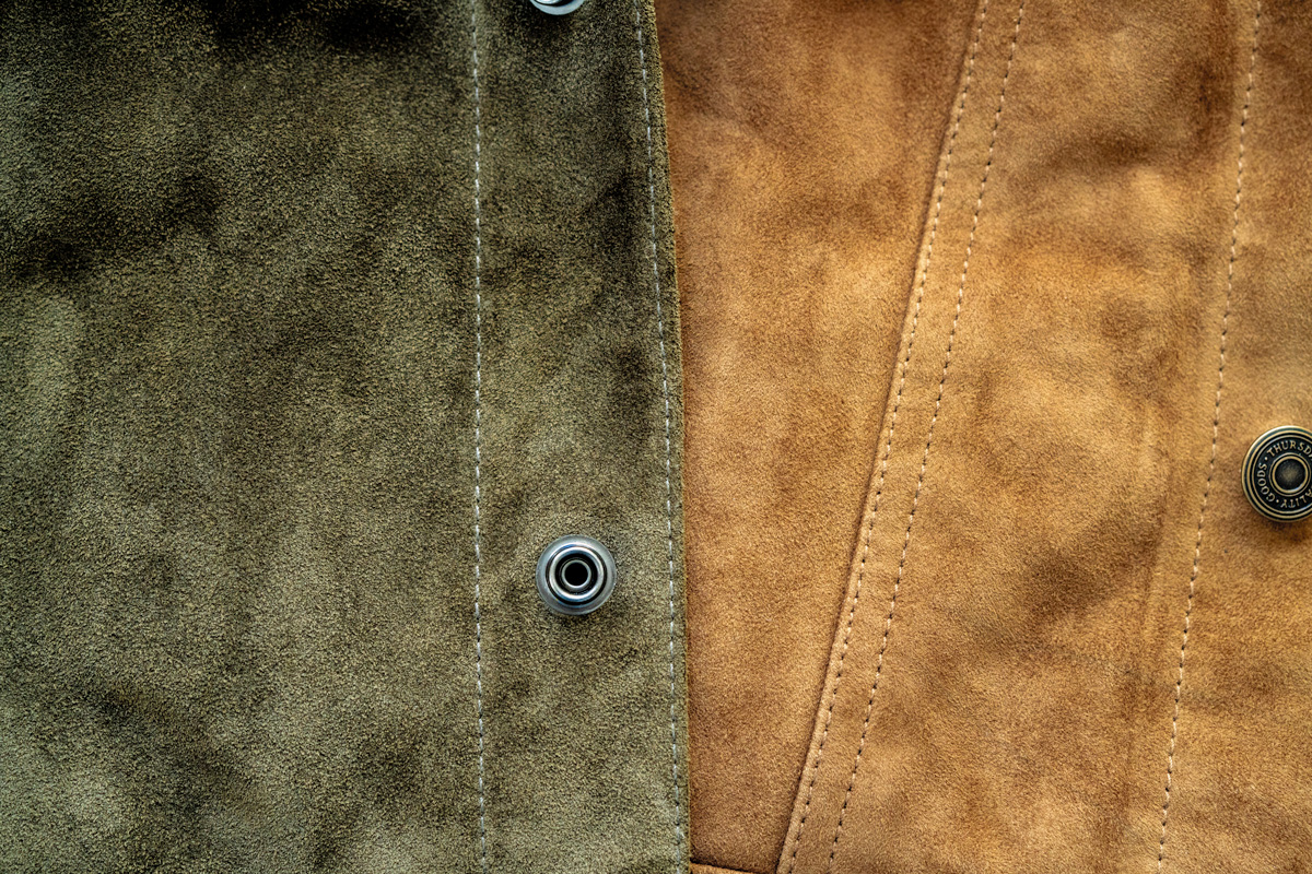close up of todd snyder dylan suede trucker jacket next to close up of thursday boot suede trucker jacket