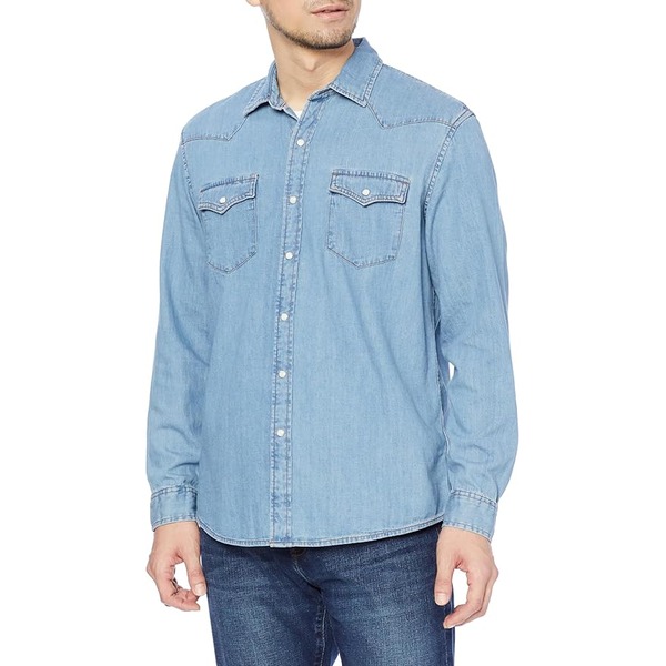 a man wearing a regular fit denim shirt