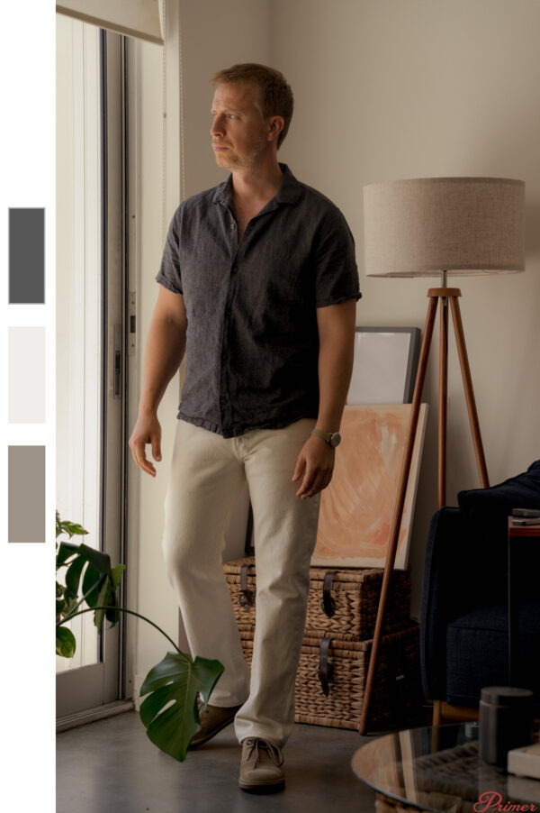 a man wearing a short sleeve button front shirt with taper pants