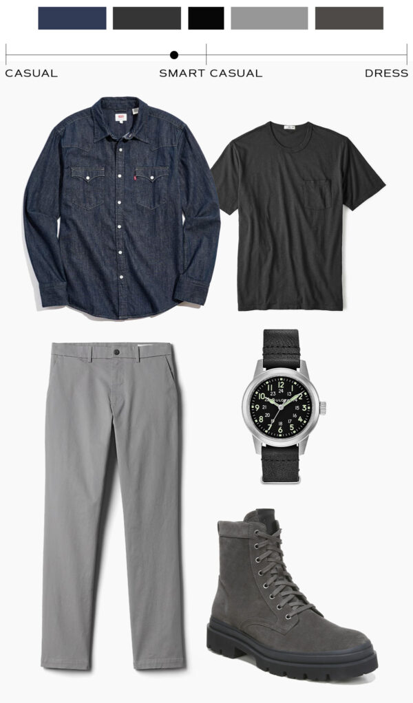 a modern casual office outfit with an undershirt, denim over shirt, dress pants, boots, and a watch