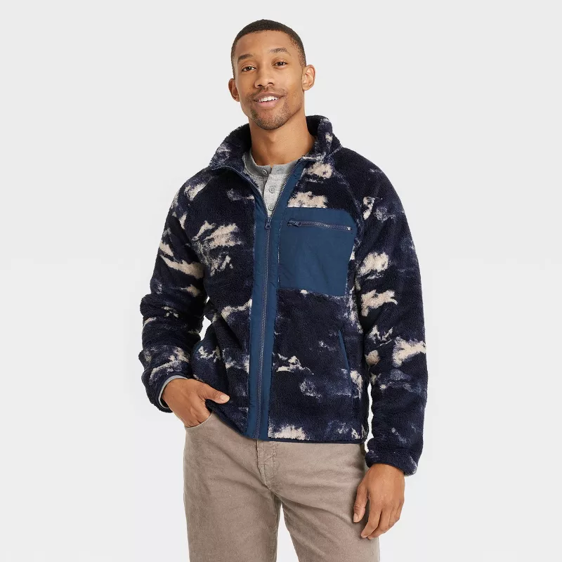 blue patterned fleece jacket