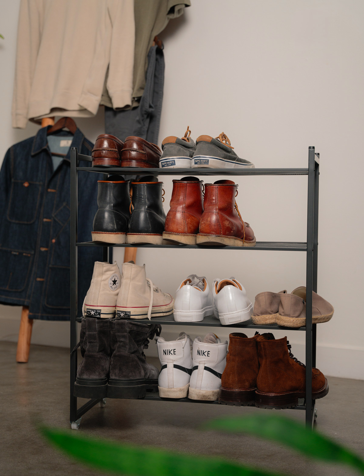 a 4 shelf shoe rack with wheels