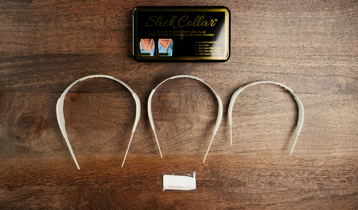 a set of three Slick Collar collar support accessories which are designed to be worn under a shirt collar to hold the collar up and prevent the collar from falling