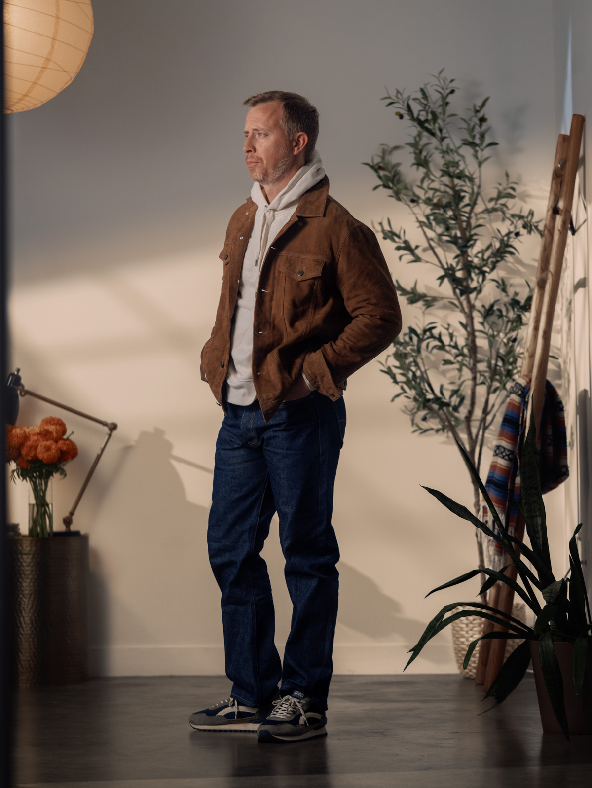 tan suede trucker jacket with hoodie