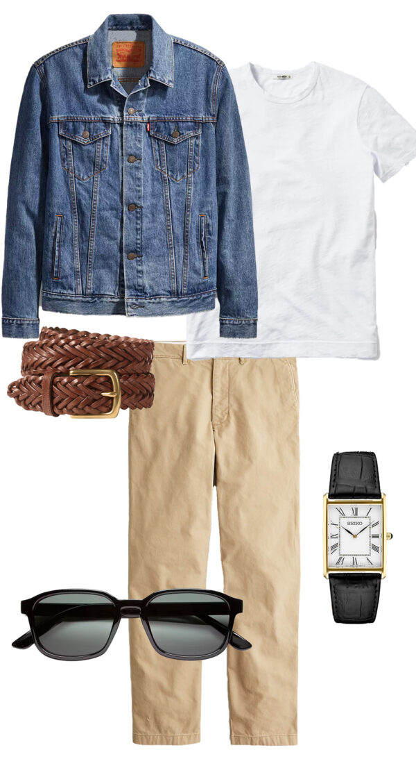 a summer outfit with a denim jacket, white shirt, pants, belt, watch, and shoes