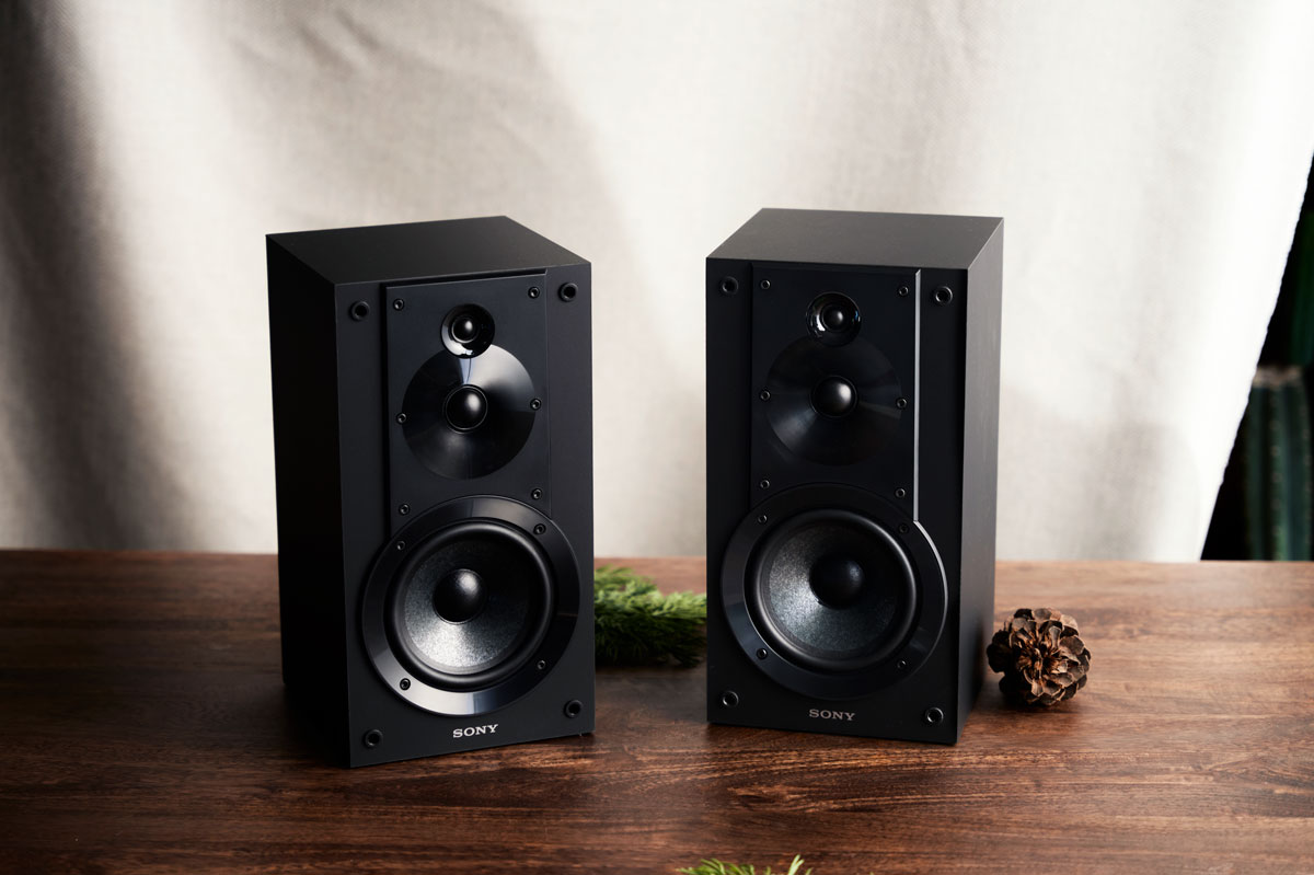 a pair of sony bookshelf speakers