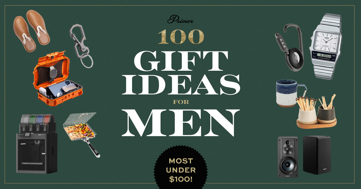 A green background image featuring the text “Primer 100 Gift Ideas for Men” in bold white and gold letters. Below, it states “Most Under $100!” inside a black circular badge. Surrounding the text are images of various gift items, including leather slippers, a carabiner, an orange protective case with tools inside, a wristwatch, wireless headphones, a ceramic mug, a desk organizer with toothpicks, a grill basket with food, a coffee pod machine, and a pair of bookshelf speakers. The items are arranged randomly around the text.