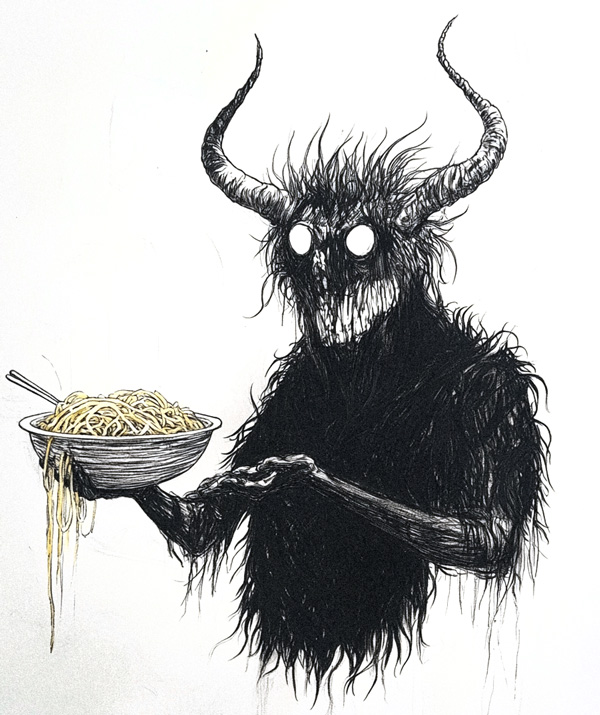 illustration of a demon holding spaghetti
