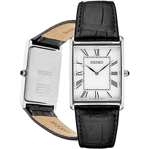 SEIKO Essentials Watch for Men - Essentials - Water Resistant with Stainless Steel Rectangular Case and Leather Strap
