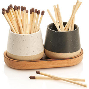 Decorative Ceramic Match Holder With Wooden Tray Set of 2 Beautiful Matte Holders with Striker