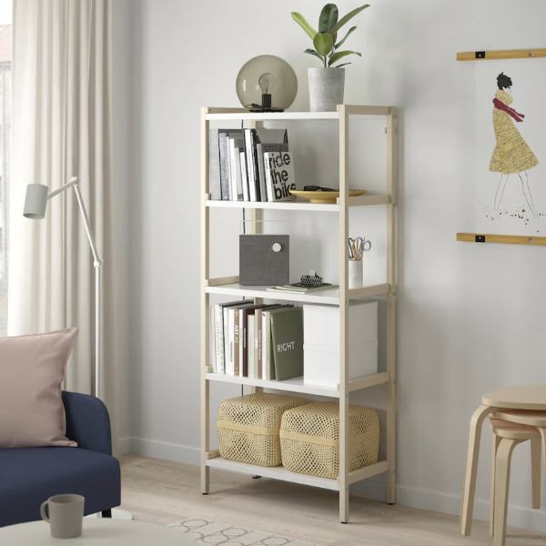 a book shelf storage unit with multiple items on the shelves