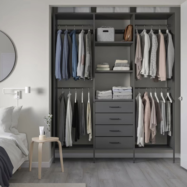 an wardrobe storage unit with clothes rain and shelves