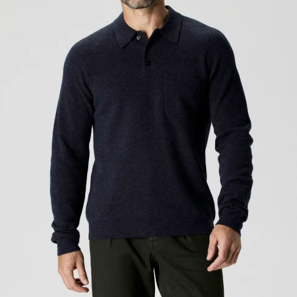 a man wearing a long sleeve knit polo shirt