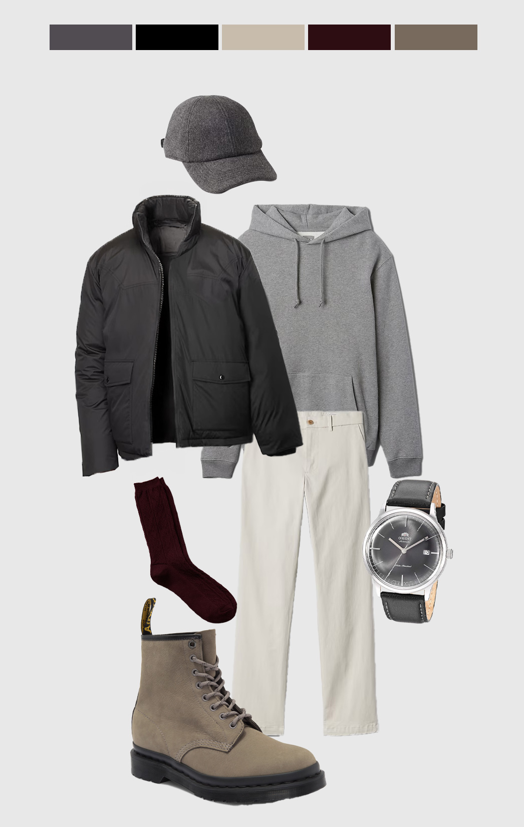 A flat lay of a casual outfit featuring a gray wool baseball cap, a gray hoodie, a black puffer jacket, cream-colored pants, and beige lace-up boots with a black sole. Accessories include burgundy socks and a silver watch with a black leather strap. A color palette bar at the top shows shades of gray, black, beige, burgundy, and taupe. The background is light gray.