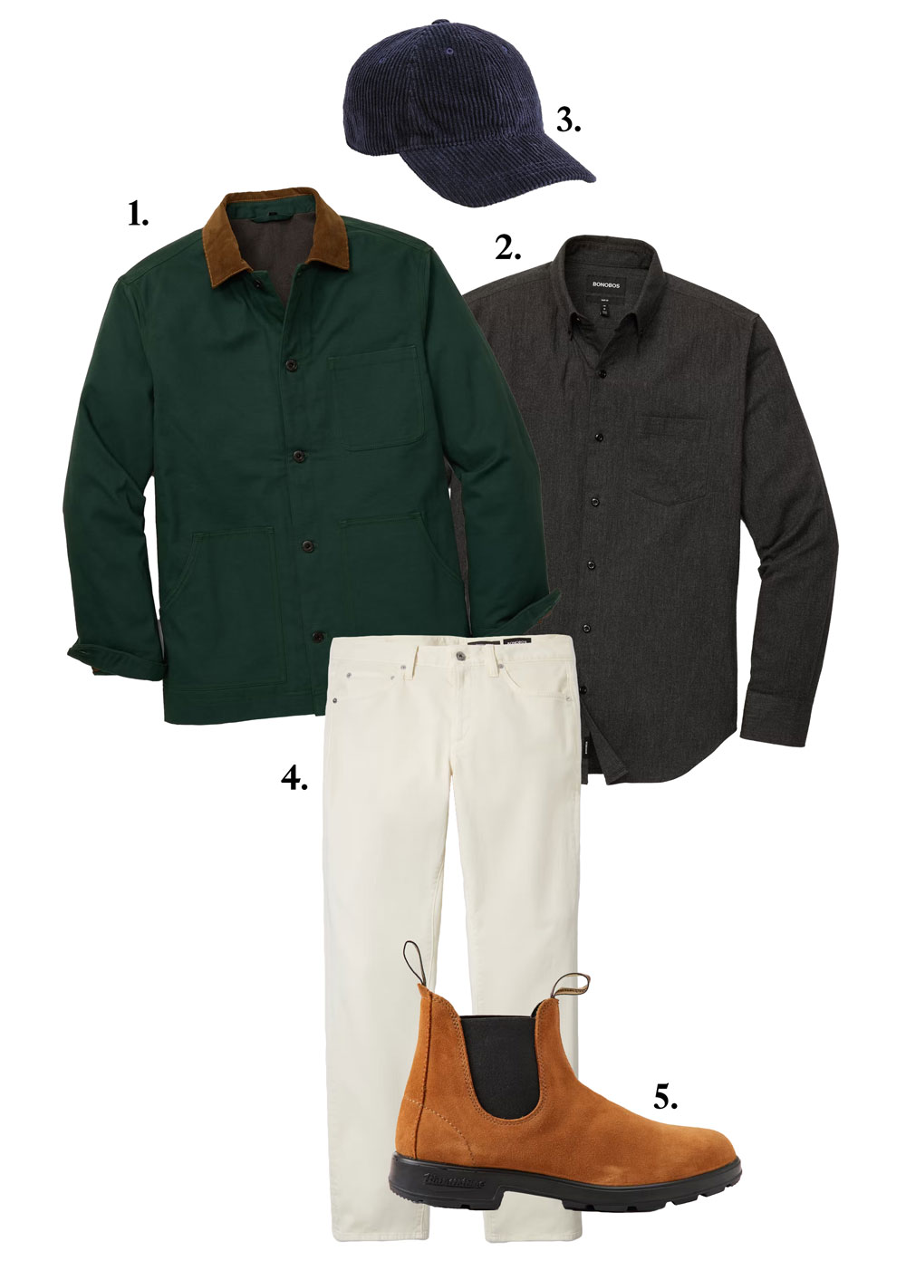 A clothing outfit arranged with numbered items on a white background. Item 1: A dark green chore jacket with a brown corduroy collar and front pockets. Item 2: A dark gray button-up shirt with a pocket on the chest. Item 3: A navy blue corduroy baseball cap. Item 4: A pair of off-white jeans with a slim fit. Item 5: A pair of tan suede Chelsea boots with black elastic side panels and pull tabs.