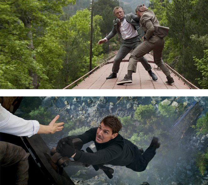 screenshots from train scenes in bond and mission impossible films