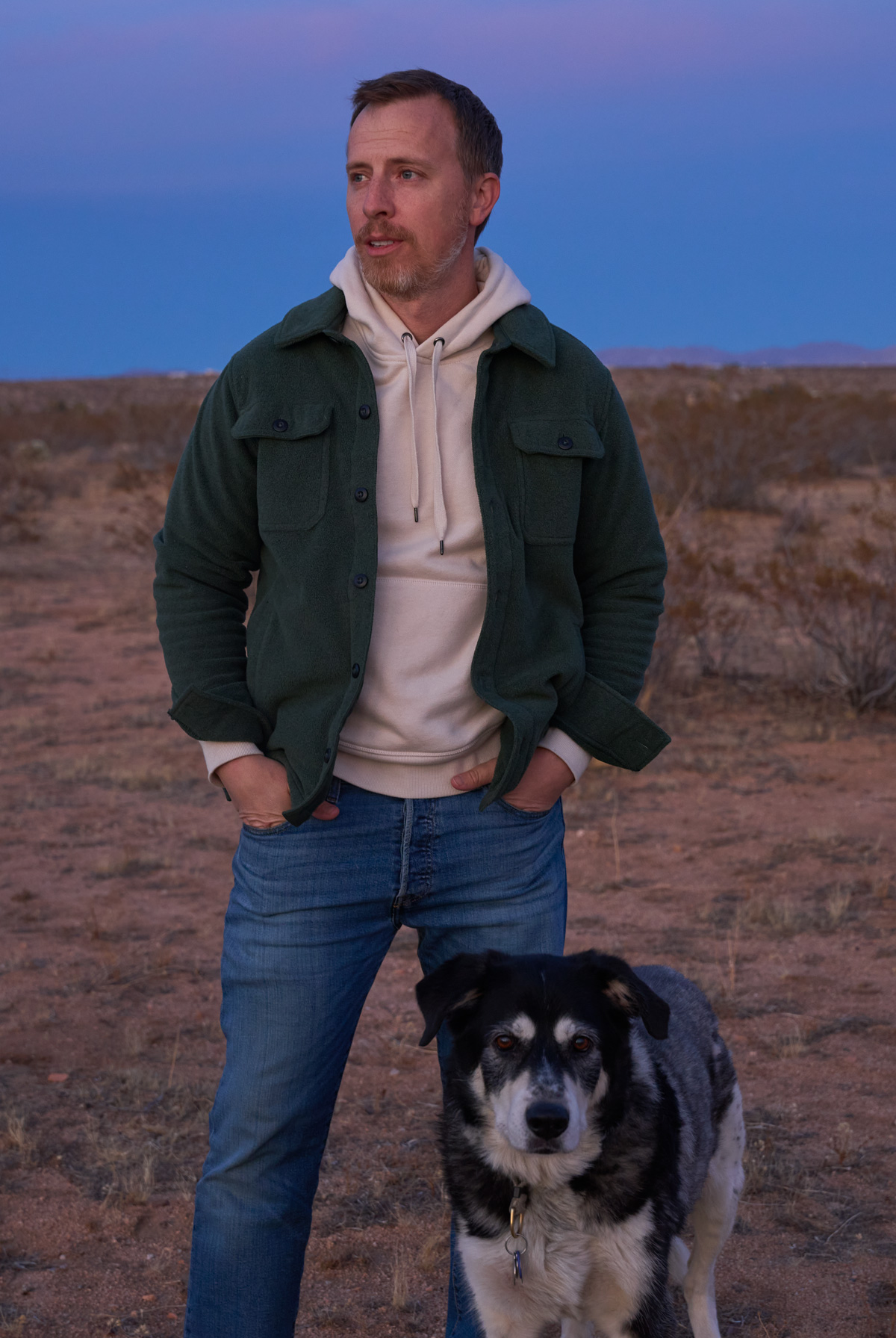 andrew wearing a green fleece shirt jacket