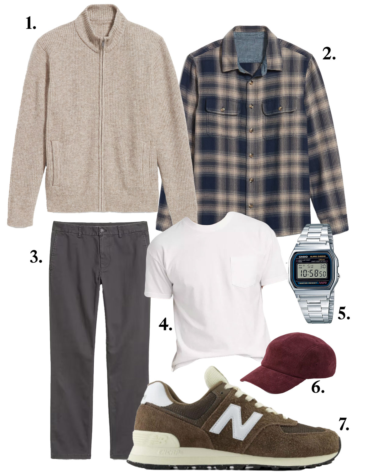 A flat lay of a men's casual outfit displayed on a white background, featuring a beige zip-up cardigan with a ribbed texture, high collar, and two front pockets. Next to it is a navy and beige plaid flannel shirt with a button-up front, collar, and two chest pockets. Below the cardigan, a pair of slim-fit dark gray pants with a button and zip closure is laid out. A plain white short-sleeve T-shirt with a chest pocket is positioned in the center. To the right, a silver Casio digital wristwatch with a rectangular face and black display is visible. A burgundy corduroy baseball cap with a curved brim is placed nearby. At the bottom, a pair of brown suede New Balance sneakers with white and beige accents, including the brand’s signature “N” logo, completes the outfit.