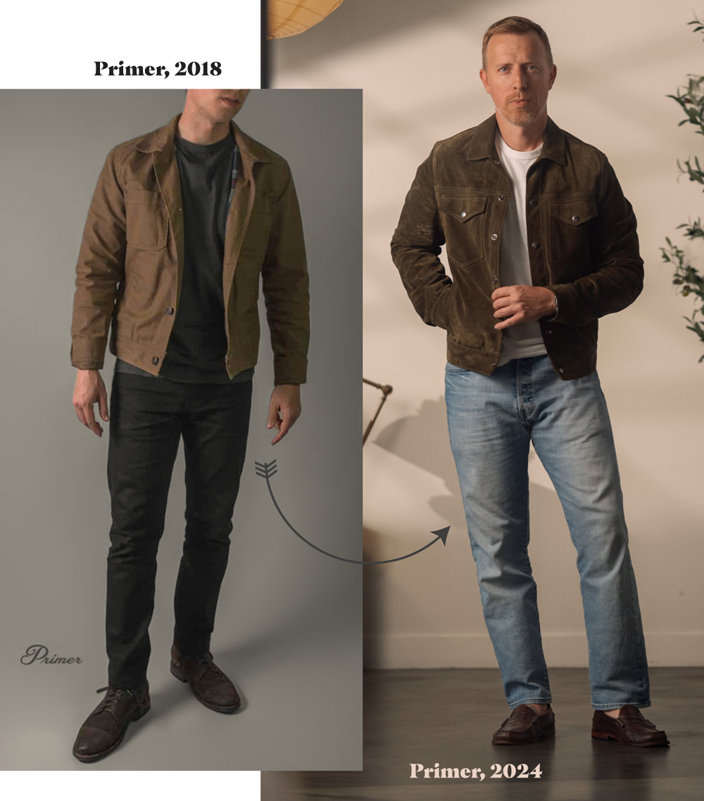 before and after with a trucker jacket outfit first with skinny jeans then with straight fit jeans
