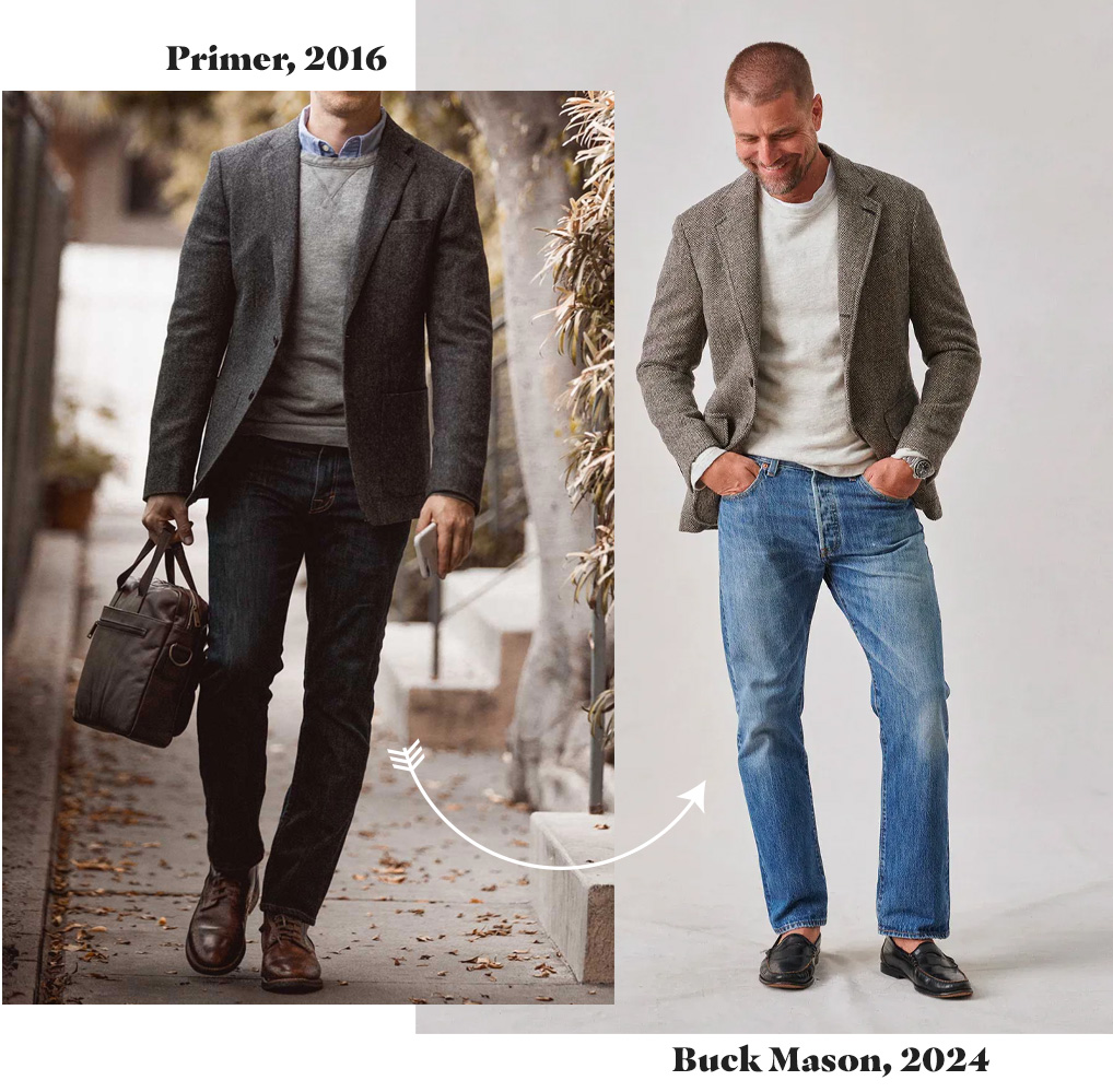 before and after photos of primer in 2016 and buck mason in 2024 similar outfits but new one is looser and lighter