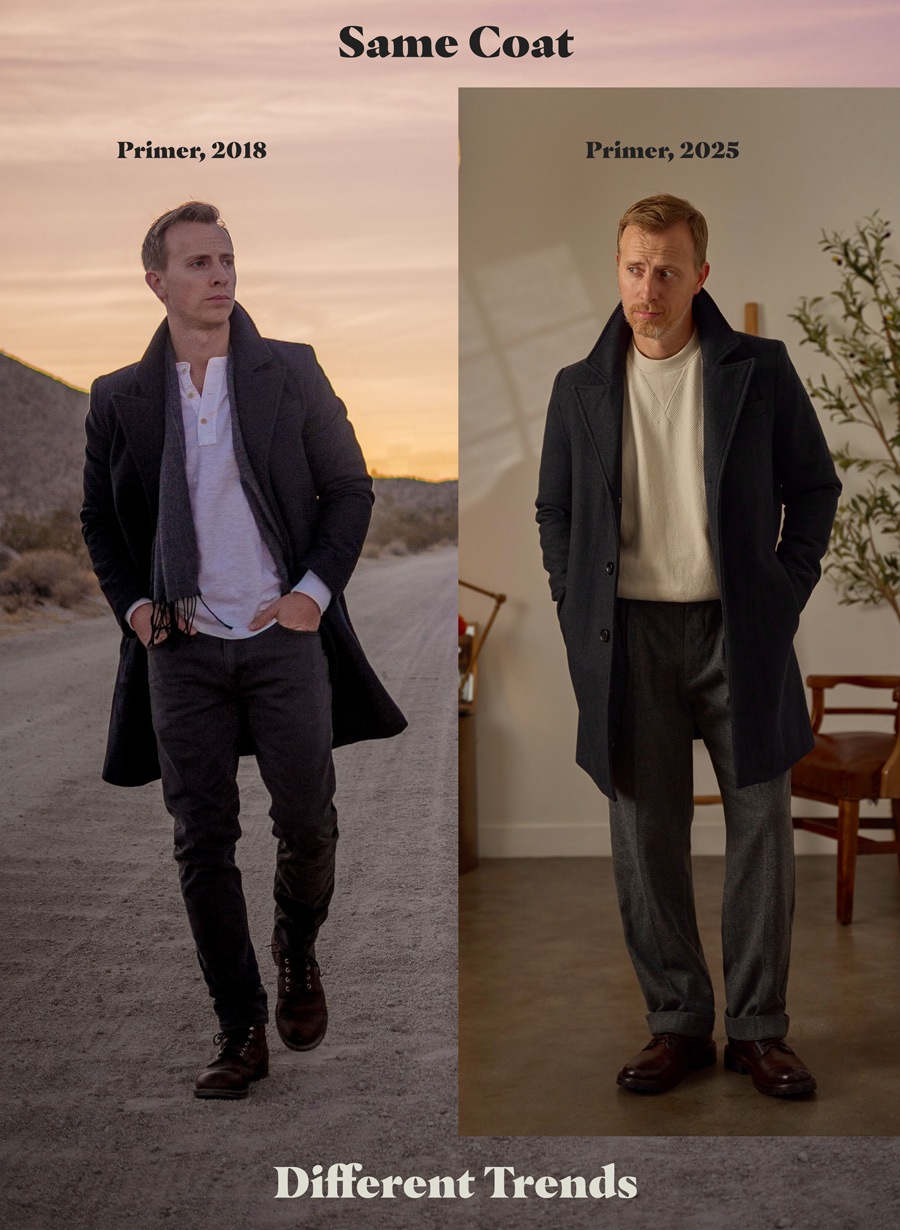 side by side image with outfits from 2018 and 2025 with the same coat, with skinnier fit items from the earlier and fuller looser cut fits from the later.