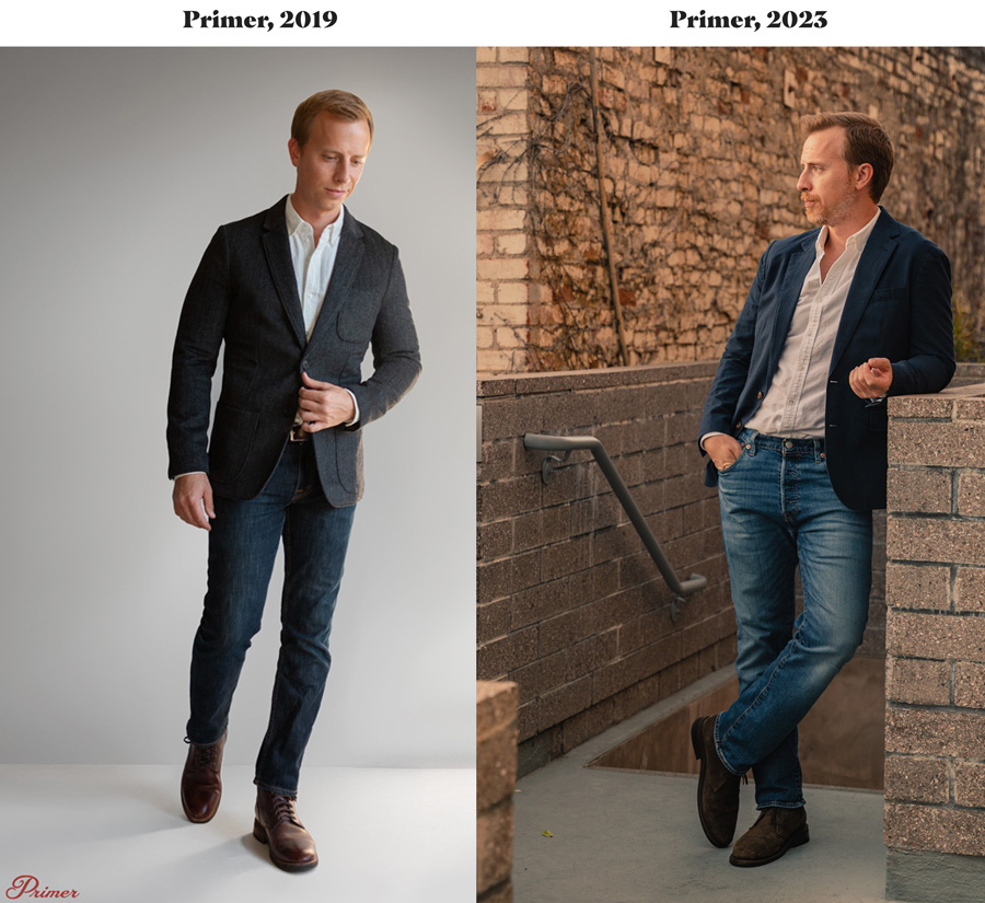 side by side outfits from 2019 and 2023, with the right being looser fit and more casual