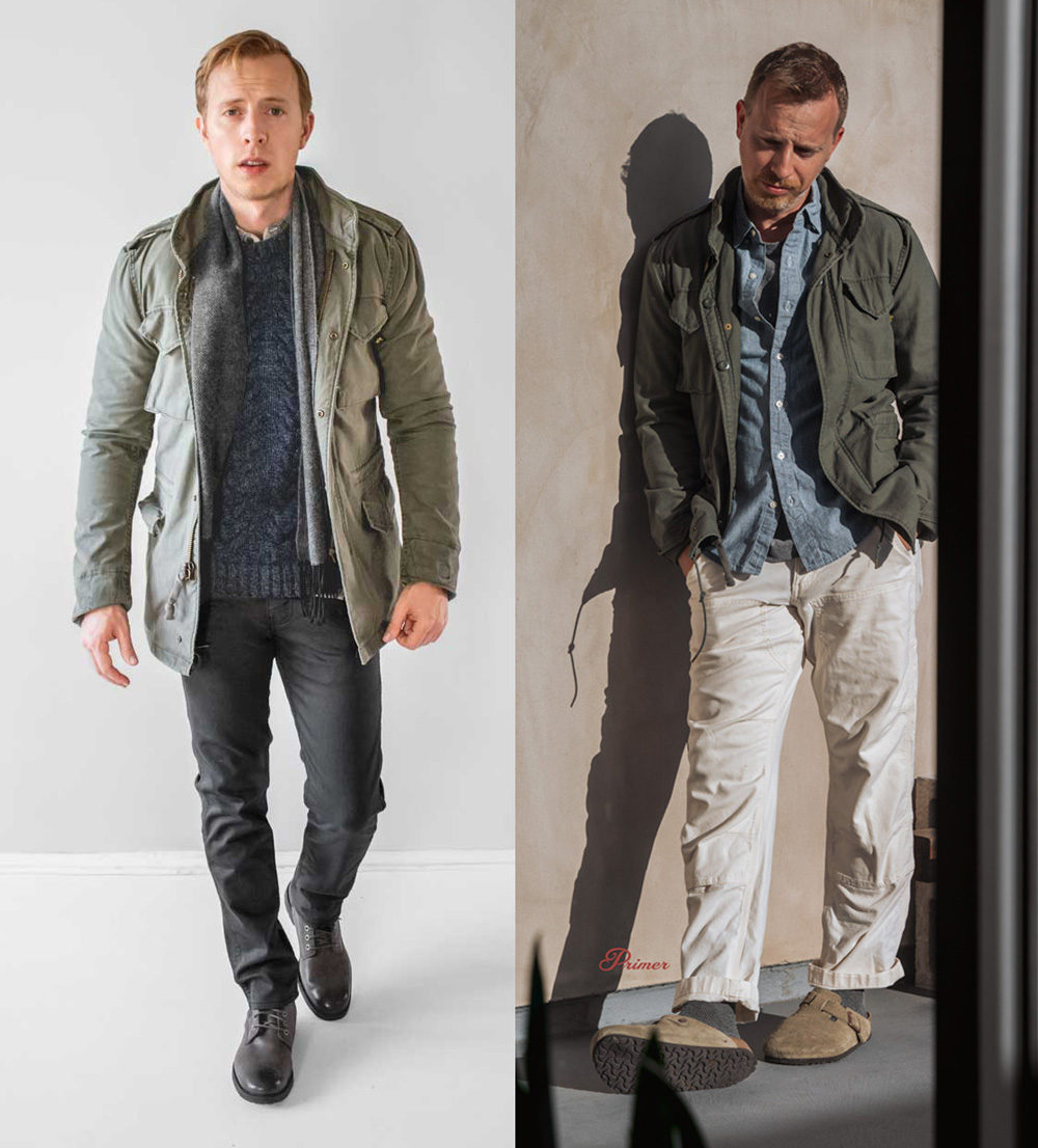 side by side outfits featuring the same green jacket