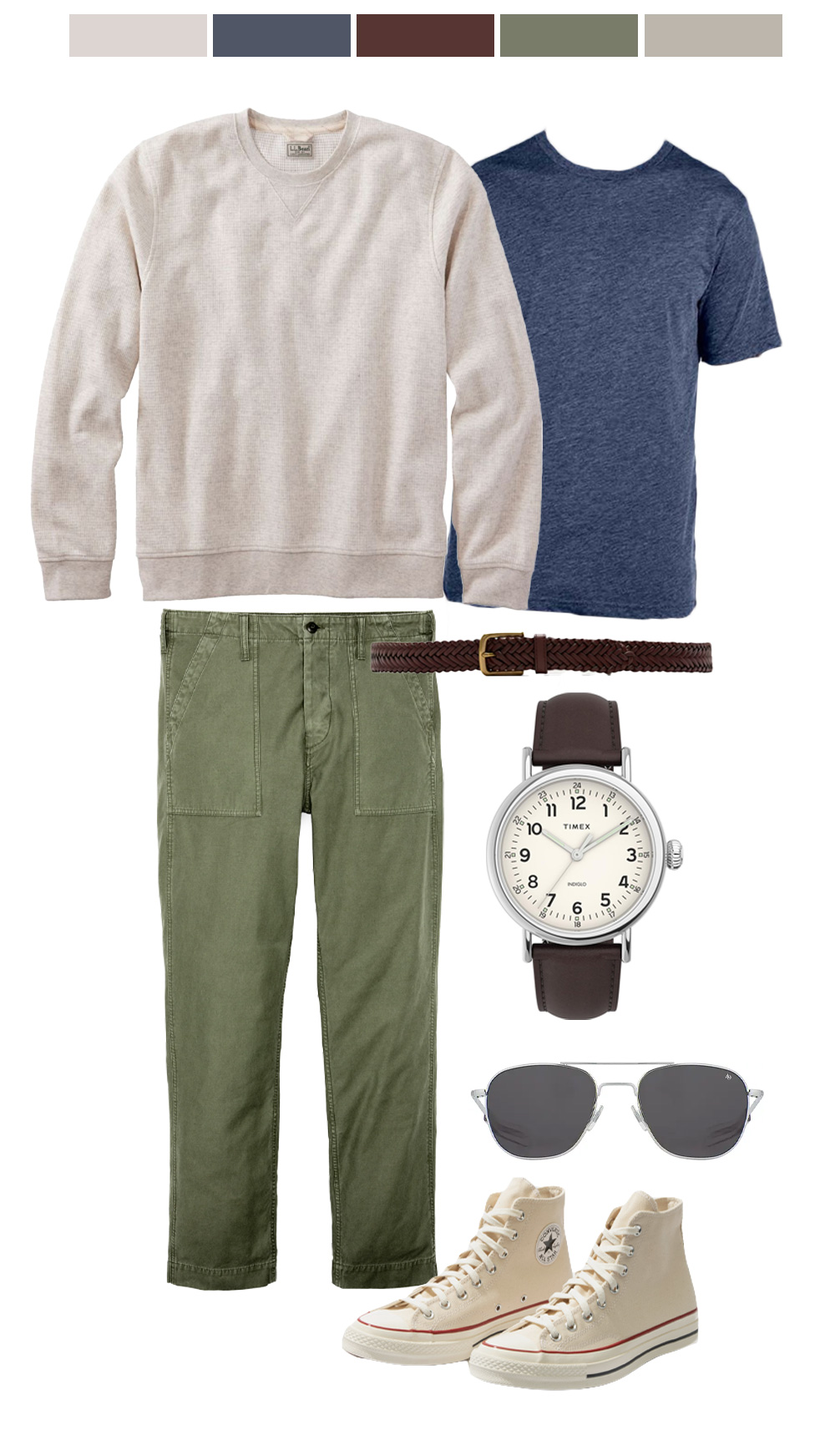 collage of a men’s outfit is displayed in the first image, featuring a neutral-toned color palette at the top. The outfit includes a cream-colored crewneck sweatshirt, a heathered navy blue short-sleeve T-shirt, olive green utility-style pants with large front pockets, a brown braided leather belt with a brass buckle, a silver Timex wristwatch with a white face and black numerals, and a pair of high-top cream-colored Converse sneakers with a red stripe along the sole.