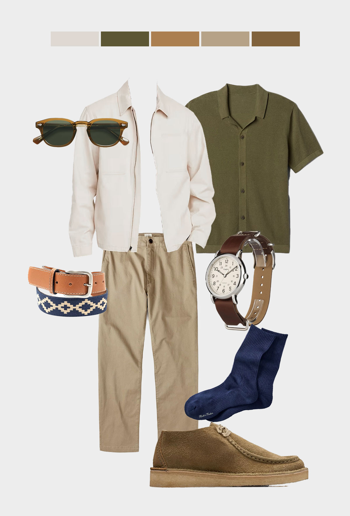 Men’s casual outfit laid out against a white background, featuring a neutral color palette. The ensemble includes a cream overshirt with chest pockets, an olive green short-sleeve knit polo, khaki chinos, and brown suede desert boots. Accessories include tortoiseshell sunglasses with green lenses, a navy and tan patterned woven belt, a brown leather strap wristwatch with a white face, and a pair of navy ribbed socks. A horizontal color palette bar with five swatches in beige, olive green, camel brown, light khaki, and medium brown appears at the top.