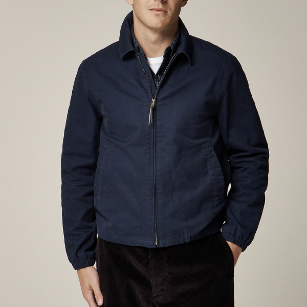 man wearing a zip front cotton twill jacket