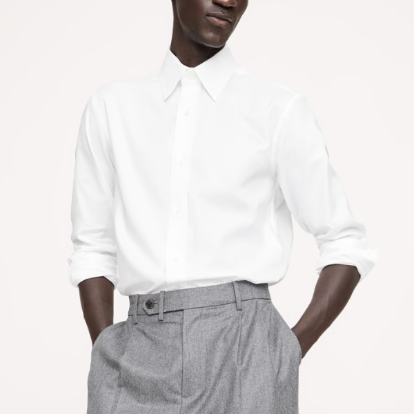 man wearing a slim fit wrinkle resistant dress shirt