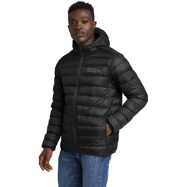 man wearing a zip front hooded down jacket and denim jeans
