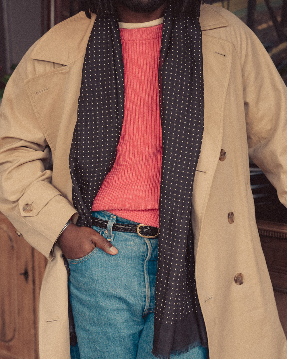 spring outfit with trench coat and scarf