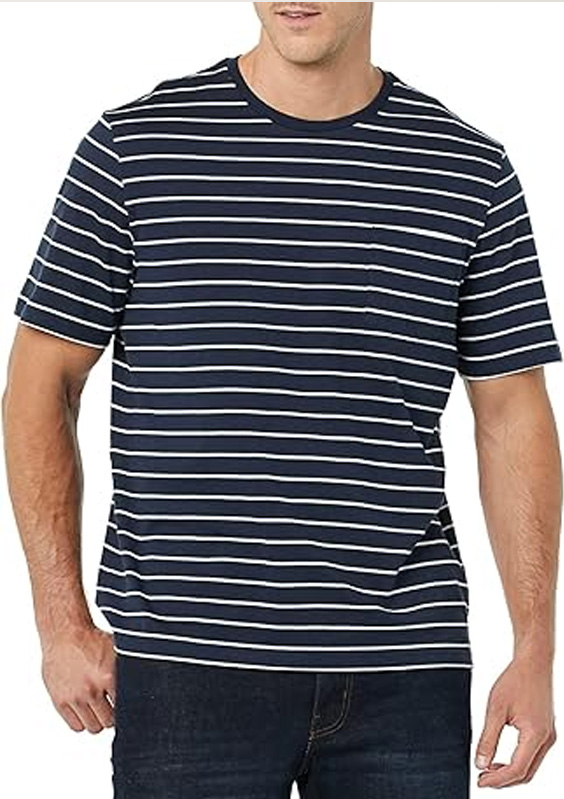 a man wearing a striped crew neck shirt