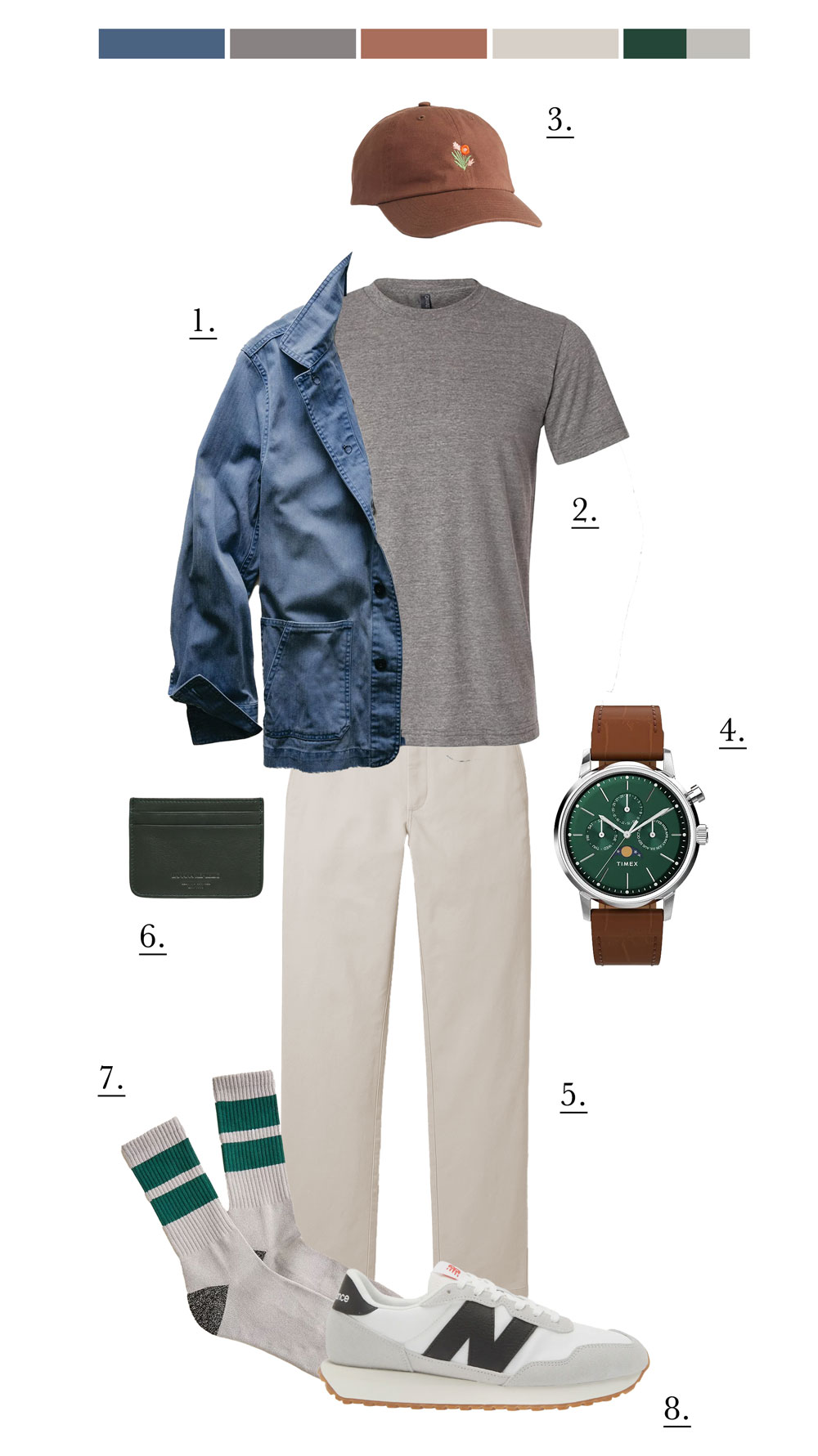 Flat lay of a men’s casual outfit including a blue overshirt (1), gray crew-neck T-shirt (2), brown baseball cap with floral embroidery (3), green-faced Timex watch with a brown leather strap (4), off-white pants (5), dark green card holder (6), light gray socks with green and white stripes (7), and white New Balance sneakers with black “N” logo and gum soles (8); neutral color swatches displayed at the top