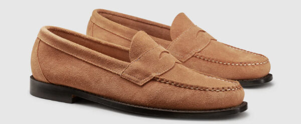 a pair of suede penny loafer shoes
