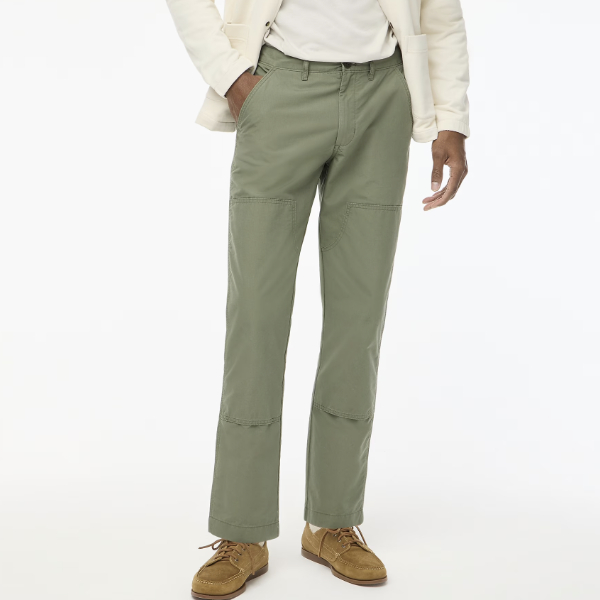 man wearing cotton utility pants with suede shoes