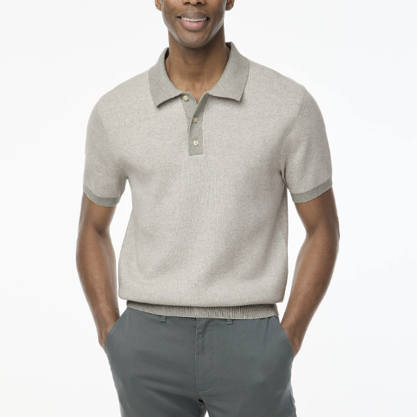 man wearing a short sleeve sweater polo shirt